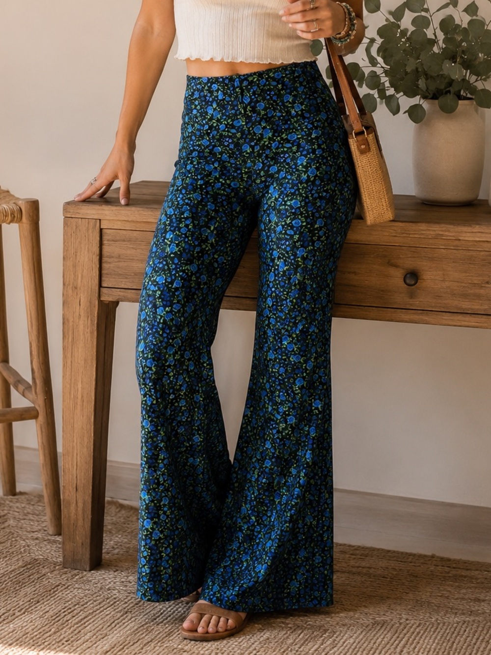 Zara Blue Floral Boot-Cut Pants